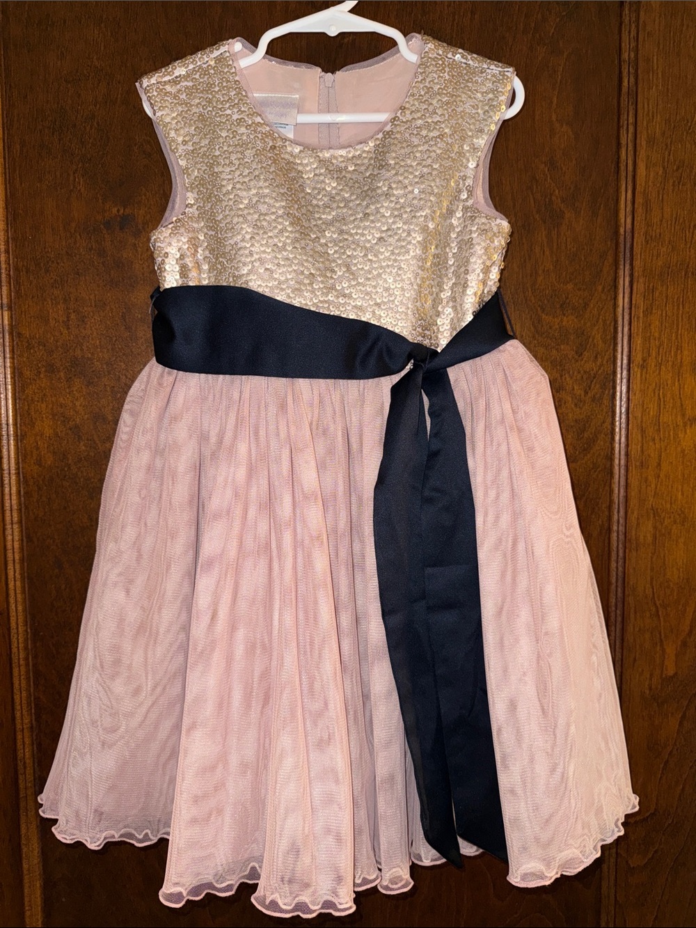 iris & ivy Pink Tulle Dress with Gold Sequin Bodice and Black Sash